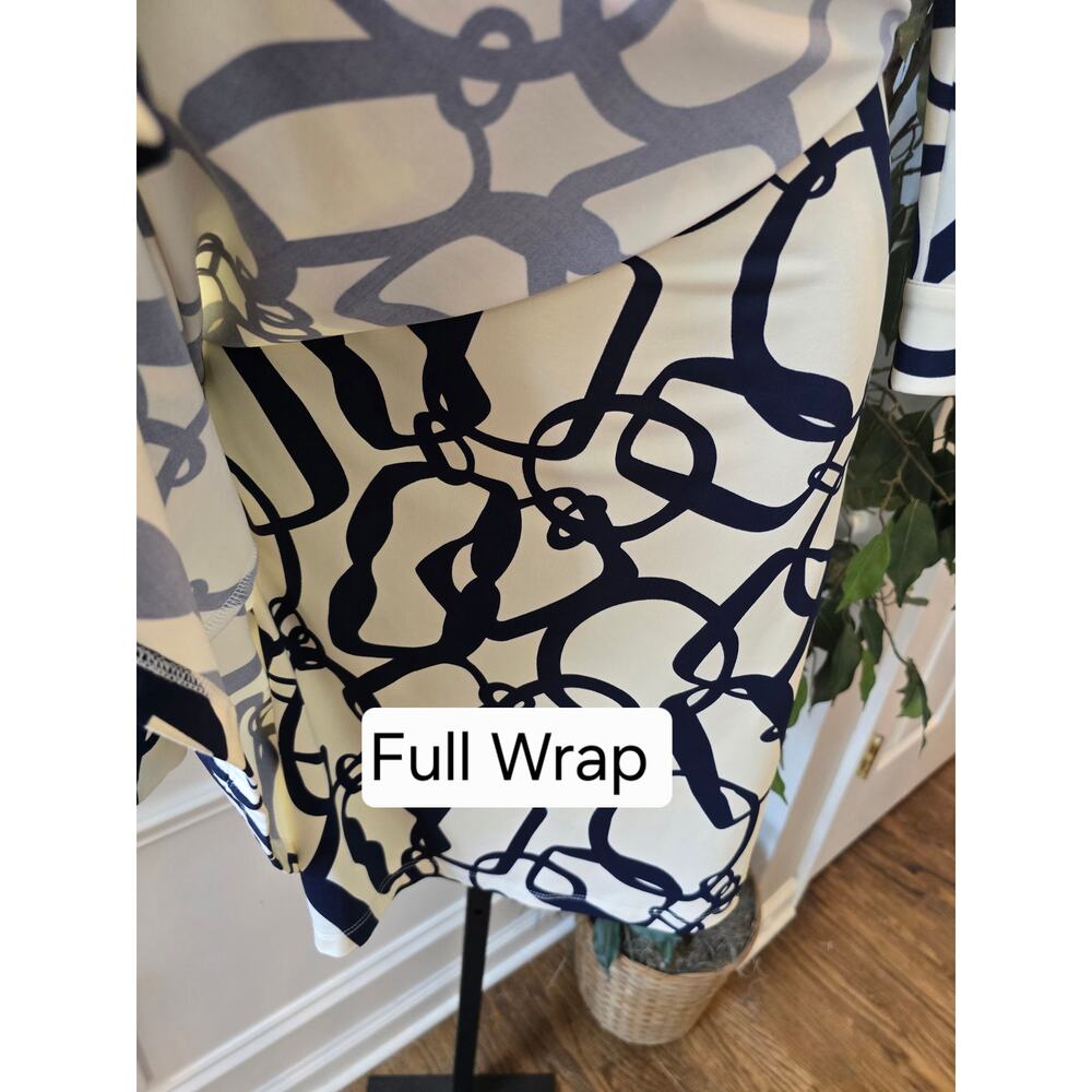 Julie Brown Shift Dress S Navy Ivory Peruzzi Wrap Tie-Waist 3/4 Sleeve Party - Picture 8 of 9